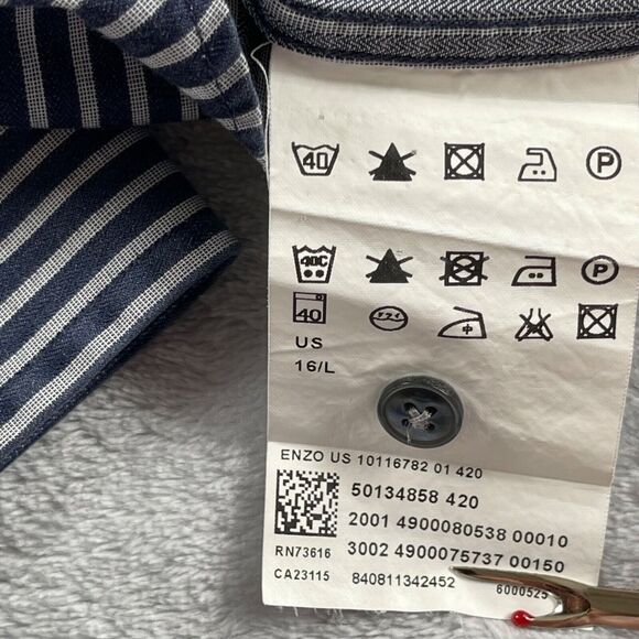 Hugo Boss Dress Shirt Men 16 34/35 Navy Gray Stripe 100% Cotton Enzo Regular Fit - Picture 14 of 16